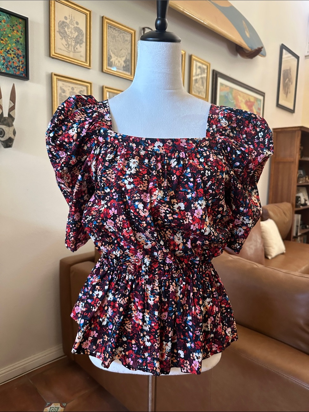 Floral Puff-Sleeve Peplum Blouse - Black/Multi